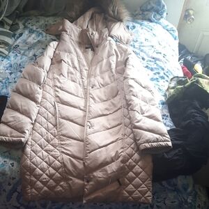 Kenneth Cole Women's Light Pink Puffer Coat with Fur Hood